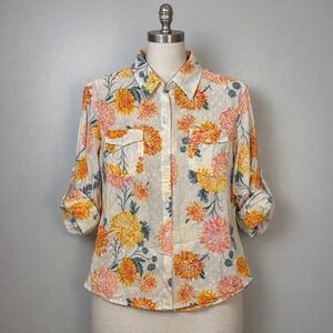 NWT Cream Floral Print Blouse Shirt Womens Medium Romantic Boho Cottagecore